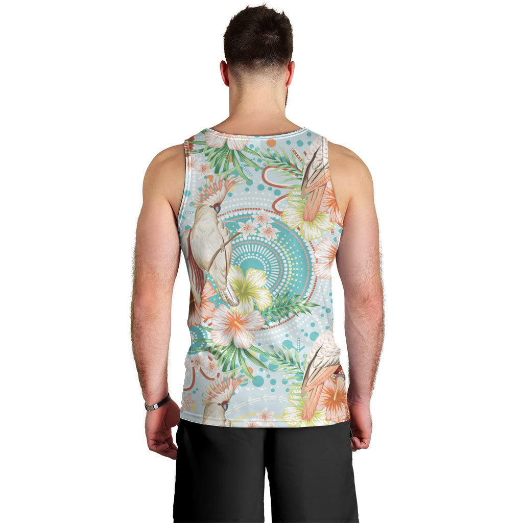 Australia Pink Cockatoo Aboriginal Art Men Tank Top Tropical Hibiscus Floral Style