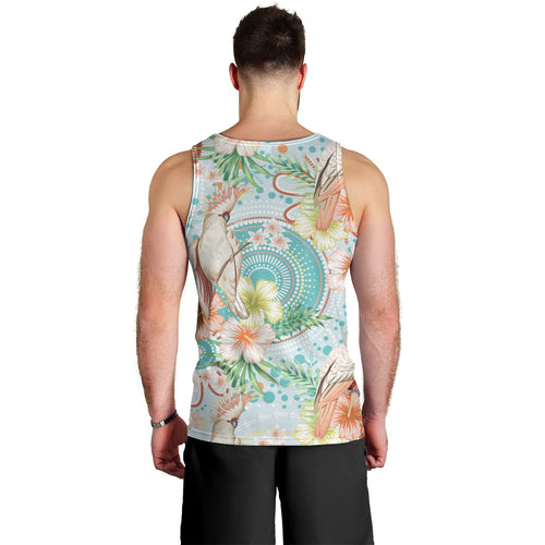 Australia Pink Cockatoo Aboriginal Art Men Tank Top Tropical Hibiscus Floral Style