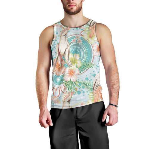 Australia Pink Cockatoo Aboriginal Art Men Tank Top Tropical Hibiscus Floral Style