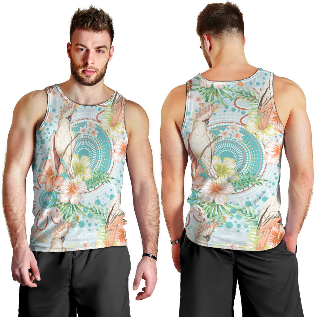 Australia Pink Cockatoo Aboriginal Art Men Tank Top Tropical Hibiscus Floral Style