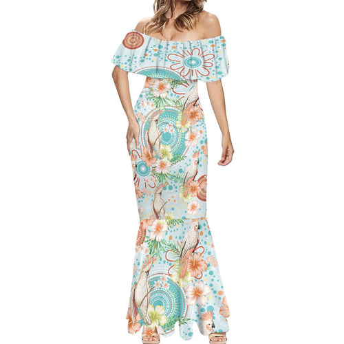Australia Pink Cockatoo Aboriginal Art Mermaid Dress Tropical Hibiscus Floral Style