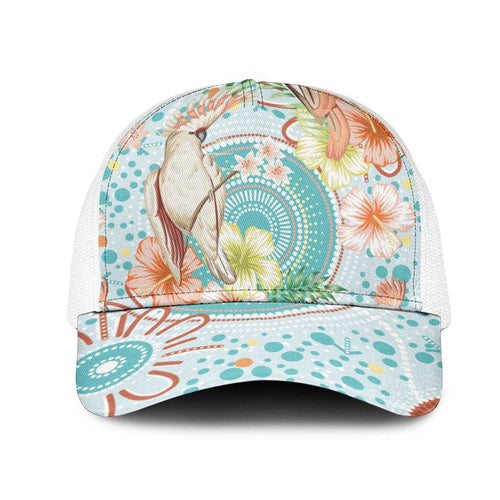 Australia Pink Cockatoo Aboriginal Art Mesh Trucker Cap Tropical Hibiscus Floral Style