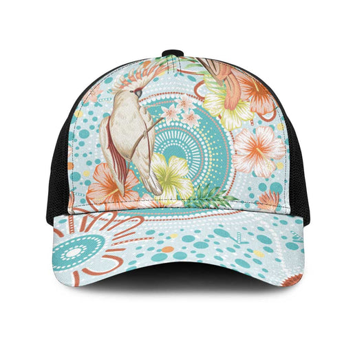 Australia Pink Cockatoo Aboriginal Art Mesh Trucker Cap Tropical Hibiscus Floral Style