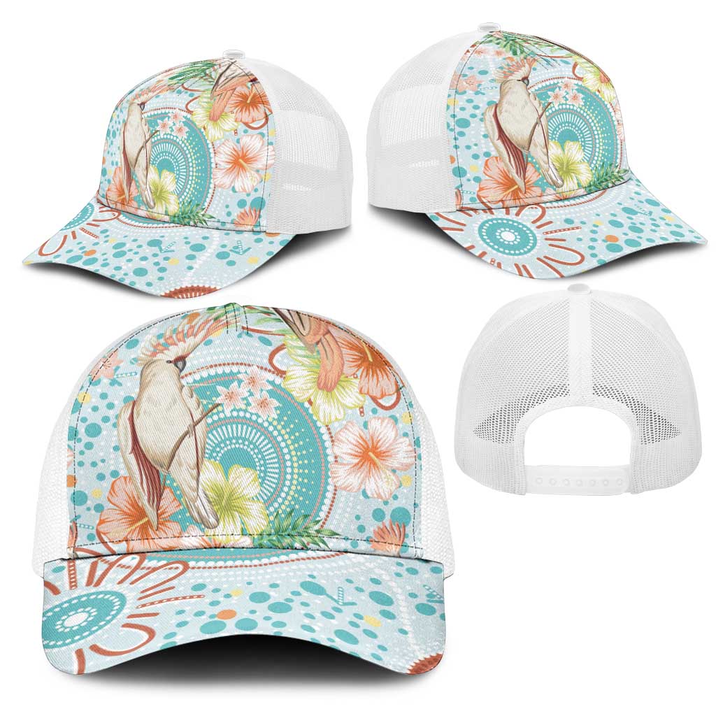 Australia Pink Cockatoo Aboriginal Art Mesh Trucker Cap Tropical Hibiscus Floral Style