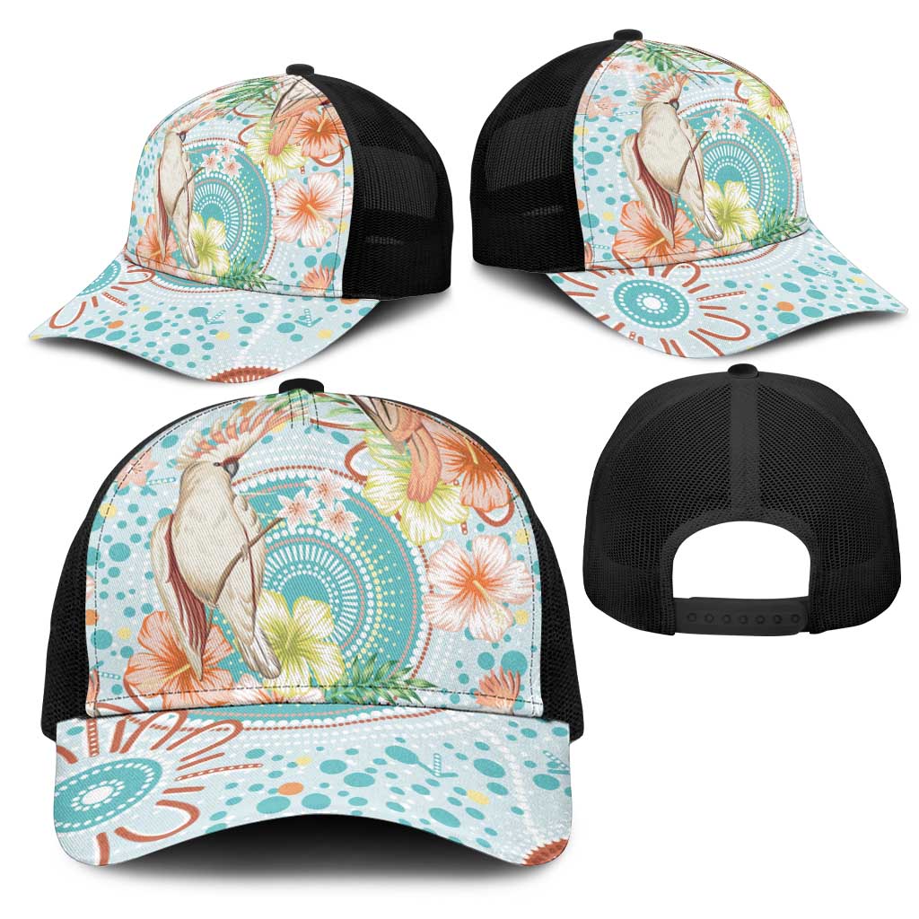 Australia Pink Cockatoo Aboriginal Art Mesh Trucker Cap Tropical Hibiscus Floral Style