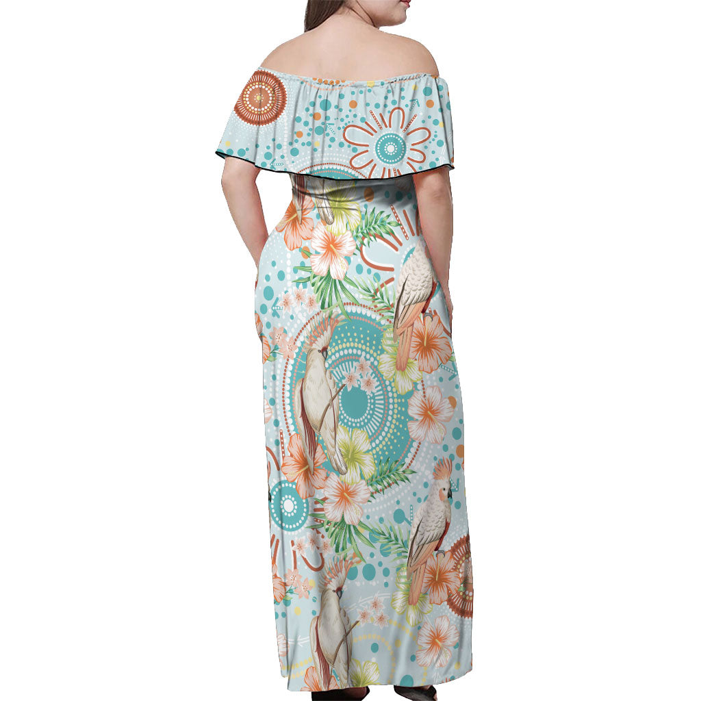 Australia Pink Cockatoo Aboriginal Art Off Shoulder Maxi Dress Tropical Hibiscus Floral Style