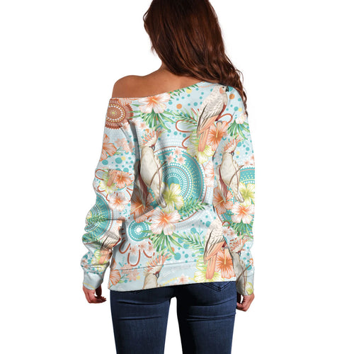 Australia Pink Cockatoo Aboriginal Art Off Shoulder Sweater Tropical Hibiscus Floral Style