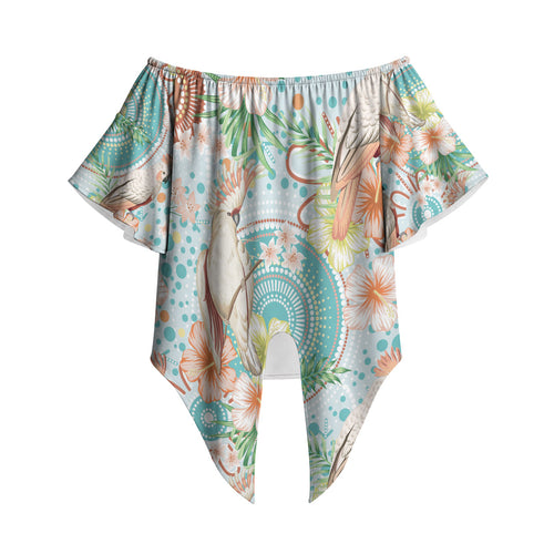 Australia Pink Cockatoo Aboriginal Art Off Shoulder Wrap Waist Top Tropical Hibiscus Floral Style