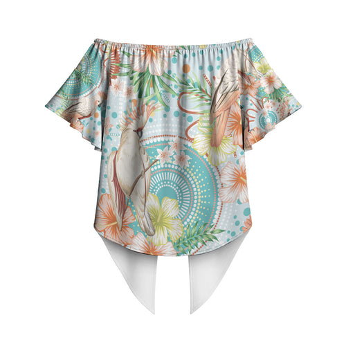 Australia Pink Cockatoo Aboriginal Art Off Shoulder Wrap Waist Top Tropical Hibiscus Floral Style