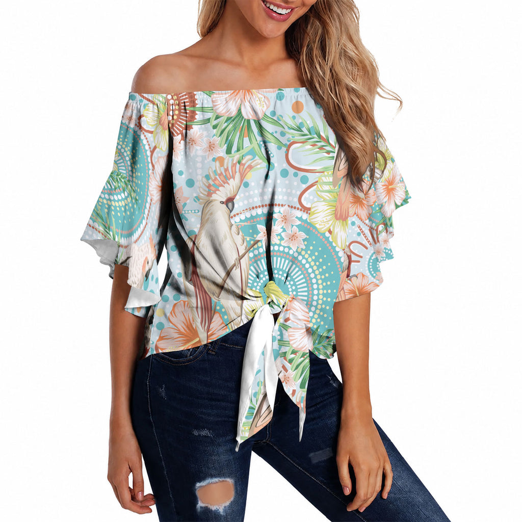 Australia Pink Cockatoo Aboriginal Art Off Shoulder Wrap Waist Top Tropical Hibiscus Floral Style