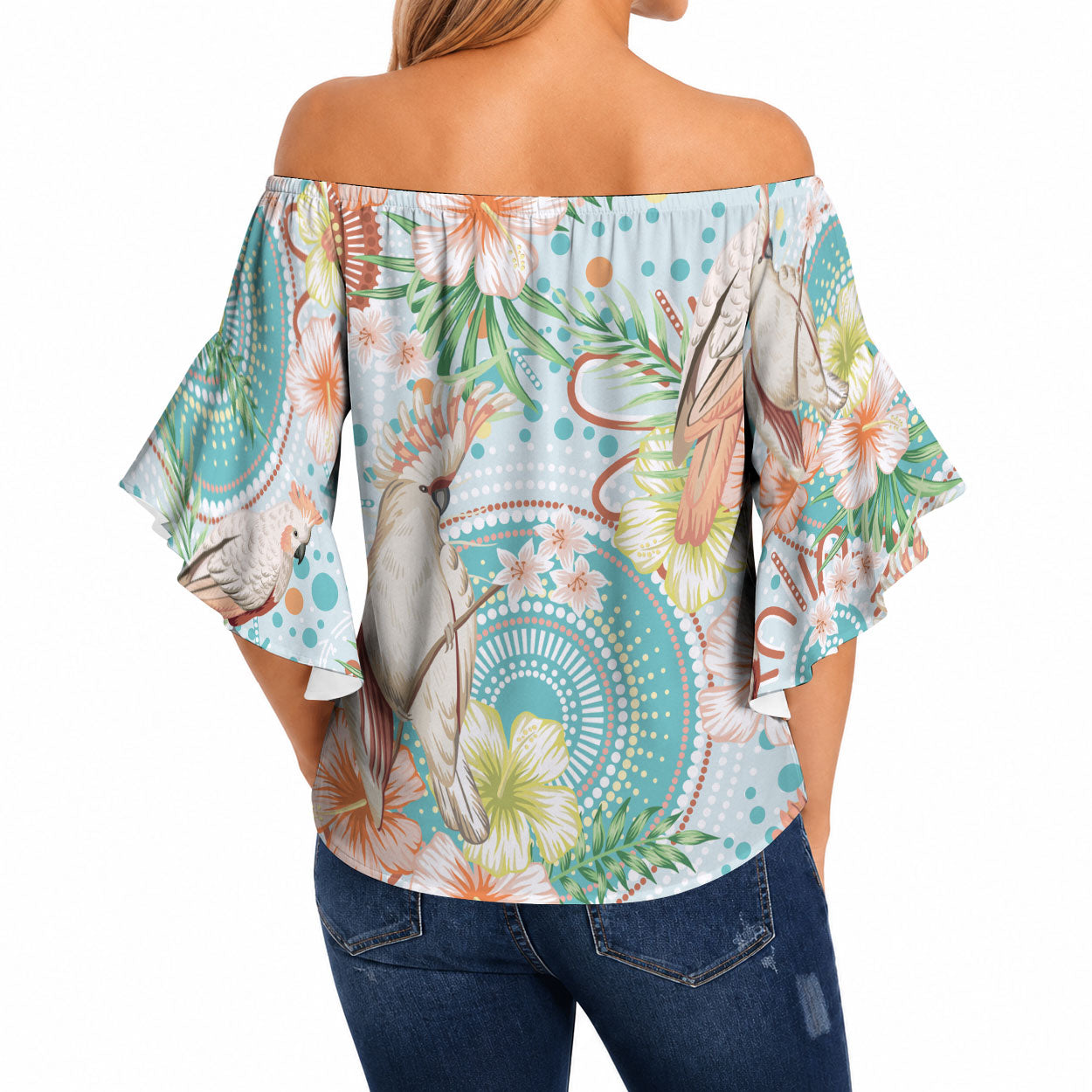 Australia Pink Cockatoo Aboriginal Art Off Shoulder Wrap Waist Top Tropical Hibiscus Floral Style