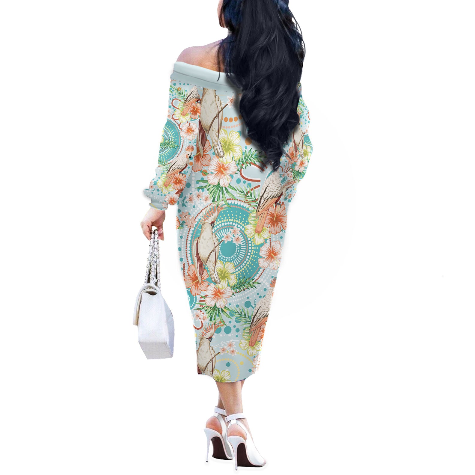 Australia Pink Cockatoo Aboriginal Art Off The Shoulder Long Sleeve Dress Tropical Hibiscus Floral Style