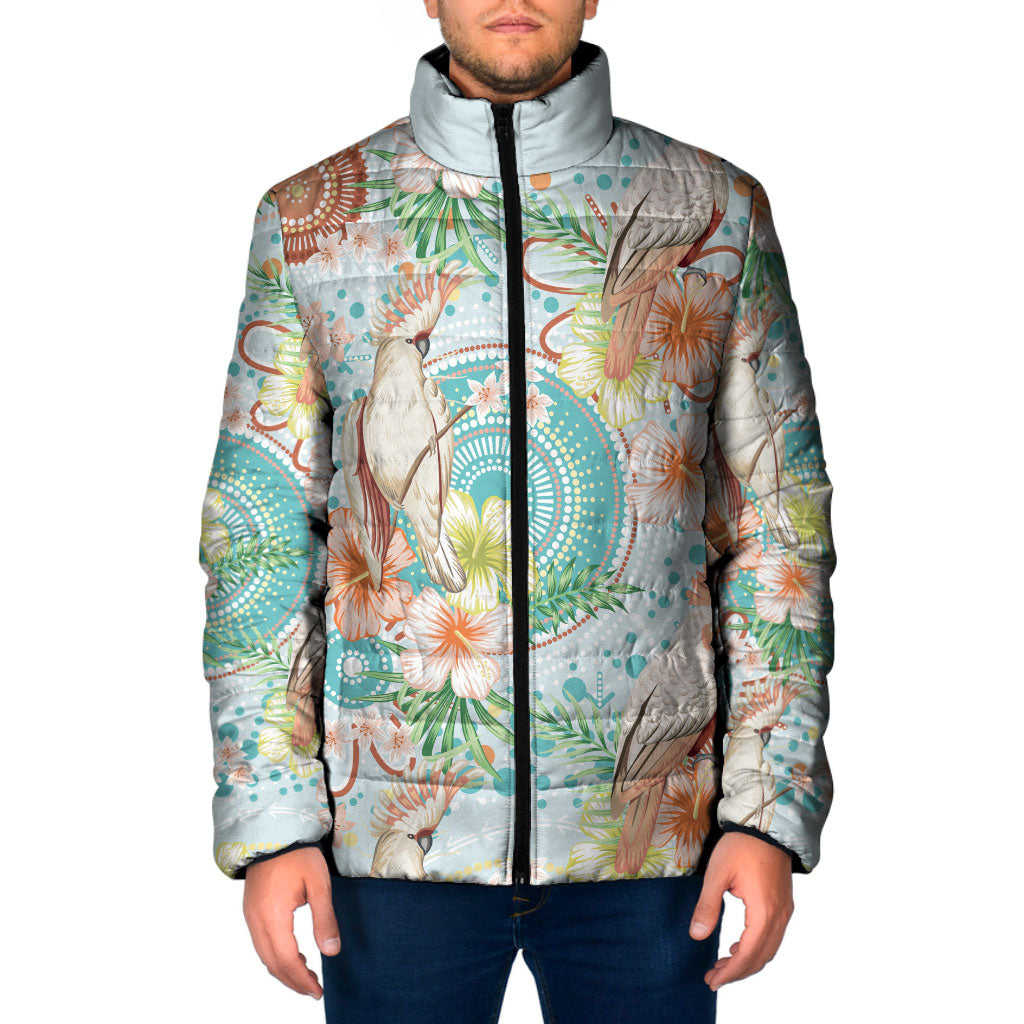 Australia Pink Cockatoo Aboriginal Art Padded Jacket Tropical Hibiscus Floral Style