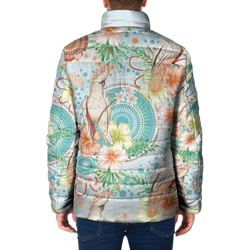 Australia Pink Cockatoo Aboriginal Art Padded Jacket Tropical Hibiscus Floral Style