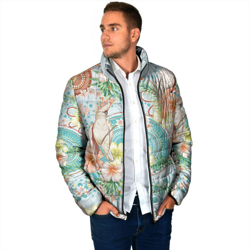 Australia Pink Cockatoo Aboriginal Art Padded Jacket Tropical Hibiscus Floral Style