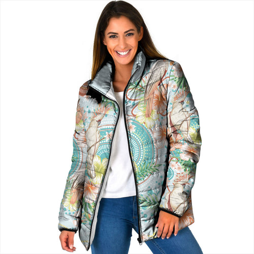 Australia Pink Cockatoo Aboriginal Art Padded Jacket Tropical Hibiscus Floral Style