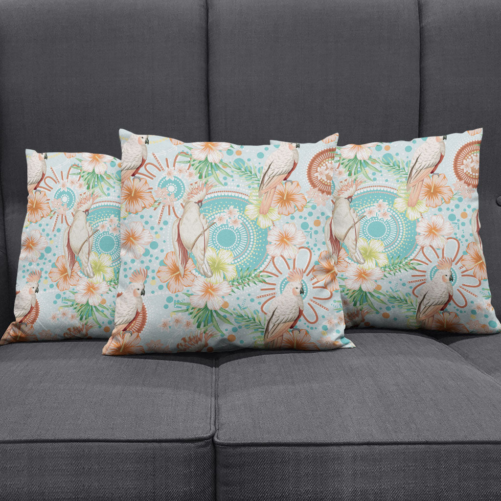 Australia Pink Cockatoo Aboriginal Art Pillow Cover Tropical Hibiscus Floral Style