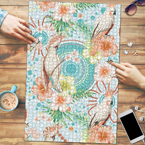 Australia Pink Cockatoo Aboriginal Art Puzzle Tropical Hibiscus Floral Style