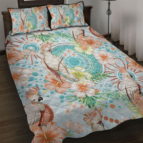 Australia Pink Cockatoo Aboriginal Art Quilt Bed Set Tropical Hibiscus Floral Style