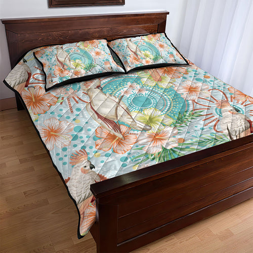Australia Pink Cockatoo Aboriginal Art Quilt Bed Set Tropical Hibiscus Floral Style