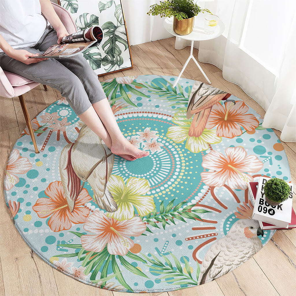 Australia Pink Cockatoo Aboriginal Art Round Carpet Tropical Hibiscus Floral Style