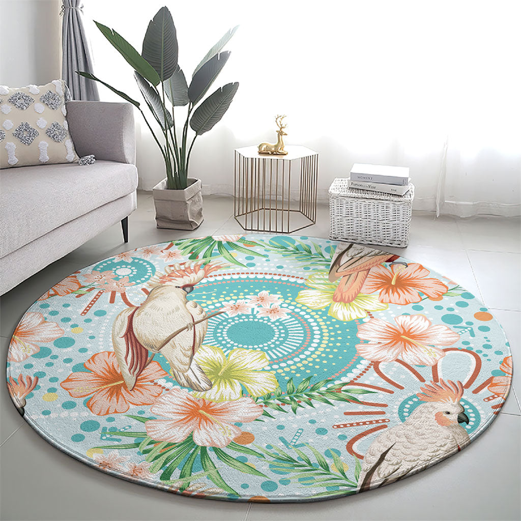 Australia Pink Cockatoo Aboriginal Art Round Carpet Tropical Hibiscus Floral Style