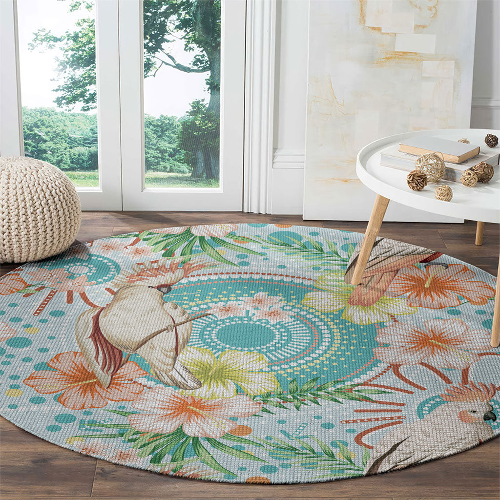 Australia Pink Cockatoo Aboriginal Art Round Carpet Tropical Hibiscus Floral Style
