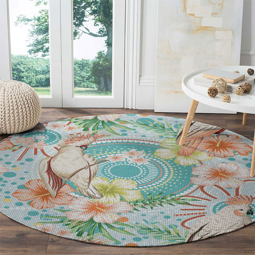 Australia Pink Cockatoo Aboriginal Art Round Carpet Tropical Hibiscus Floral Style