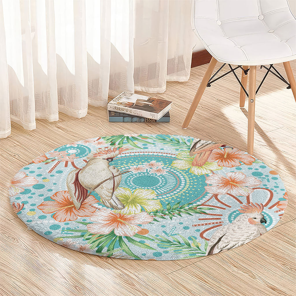 Australia Pink Cockatoo Aboriginal Art Round Carpet Tropical Hibiscus Floral Style