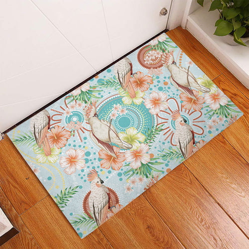 Australia Pink Cockatoo Aboriginal Art Rubber Doormat Tropical Hibiscus Floral Style