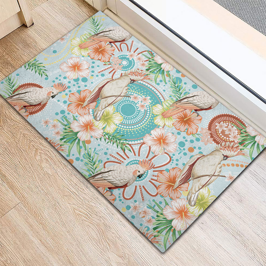 Australia Pink Cockatoo Aboriginal Art Rubber Doormat Tropical Hibiscus Floral Style