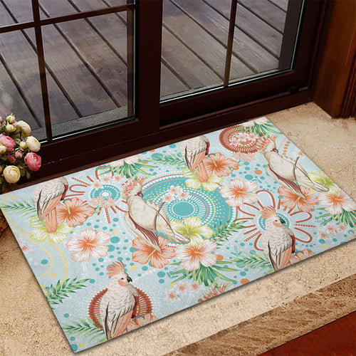 Australia Pink Cockatoo Aboriginal Art Rubber Doormat Tropical Hibiscus Floral Style