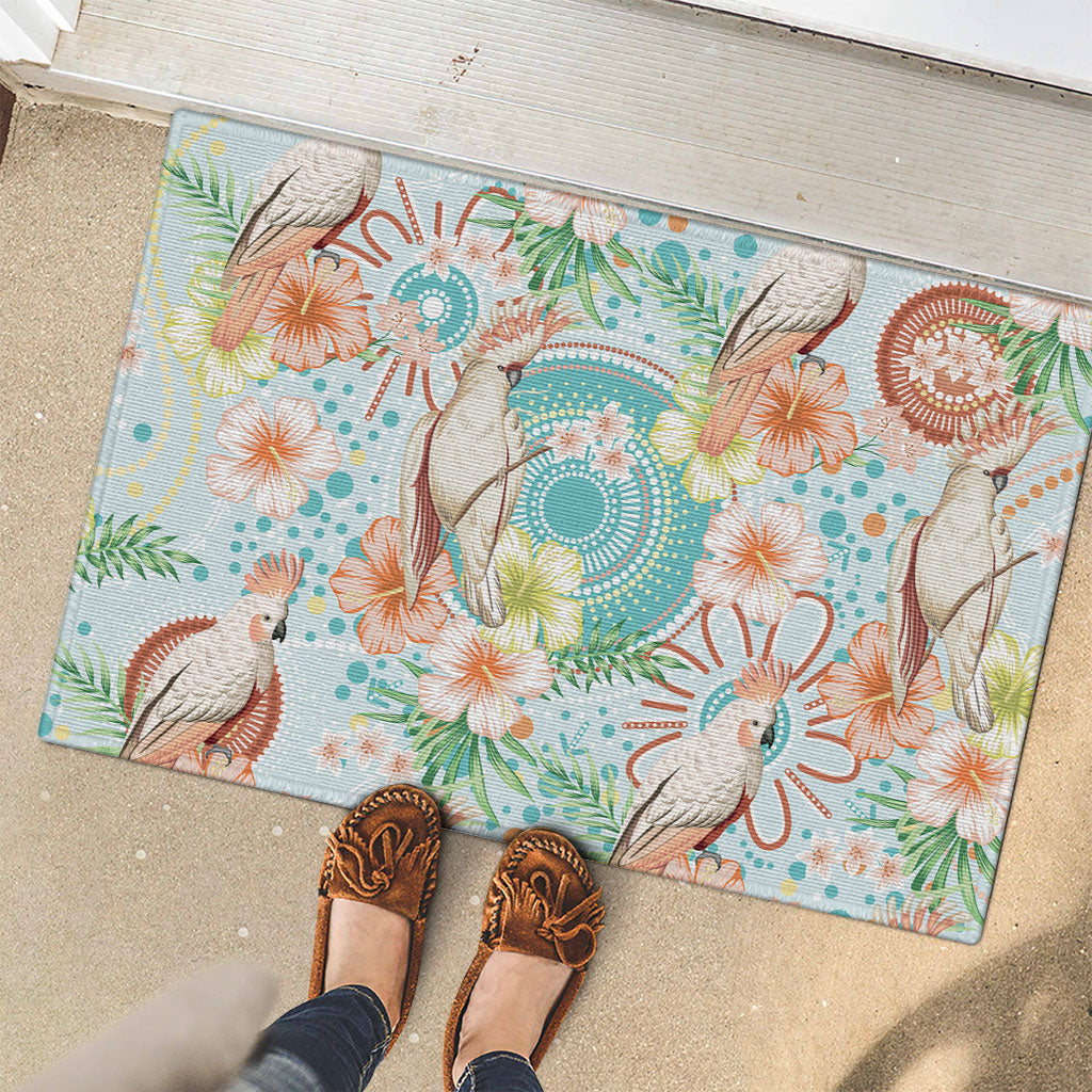 Australia Pink Cockatoo Aboriginal Art Rubber Doormat Tropical Hibiscus Floral Style