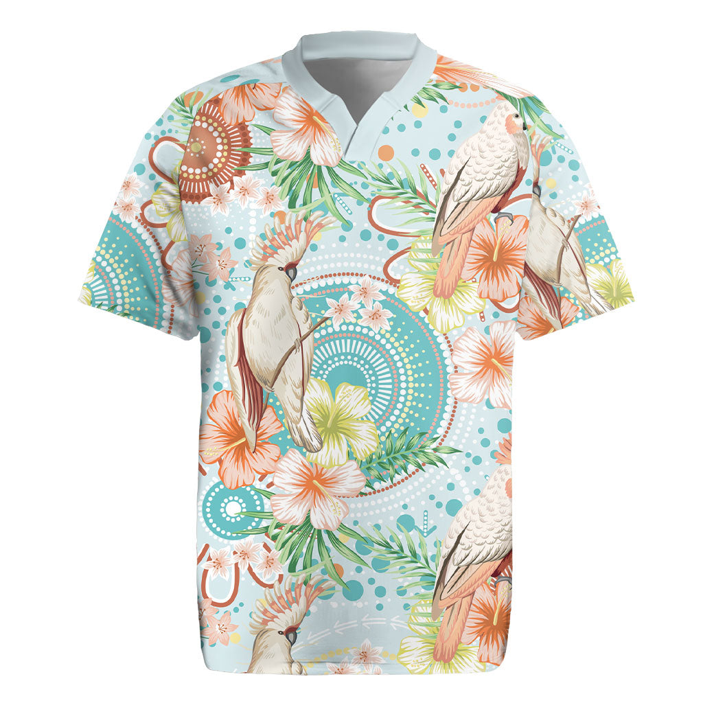 Australia Pink Cockatoo Aboriginal Art Rugby Jersey Tropical Hibiscus Floral Style
