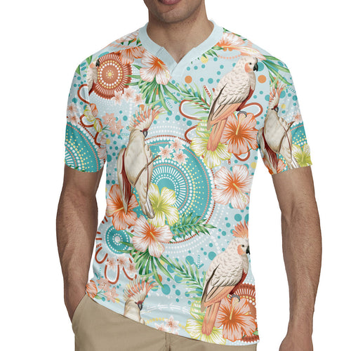 Australia Pink Cockatoo Aboriginal Art Rugby Jersey Tropical Hibiscus Floral Style
