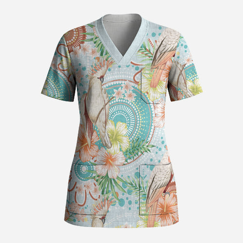 Australia Pink Cockatoo Aboriginal Art Scrub Top Tropical Hibiscus Floral Style