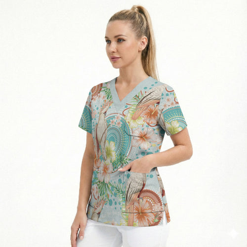 Australia Pink Cockatoo Aboriginal Art Scrub Top Tropical Hibiscus Floral Style