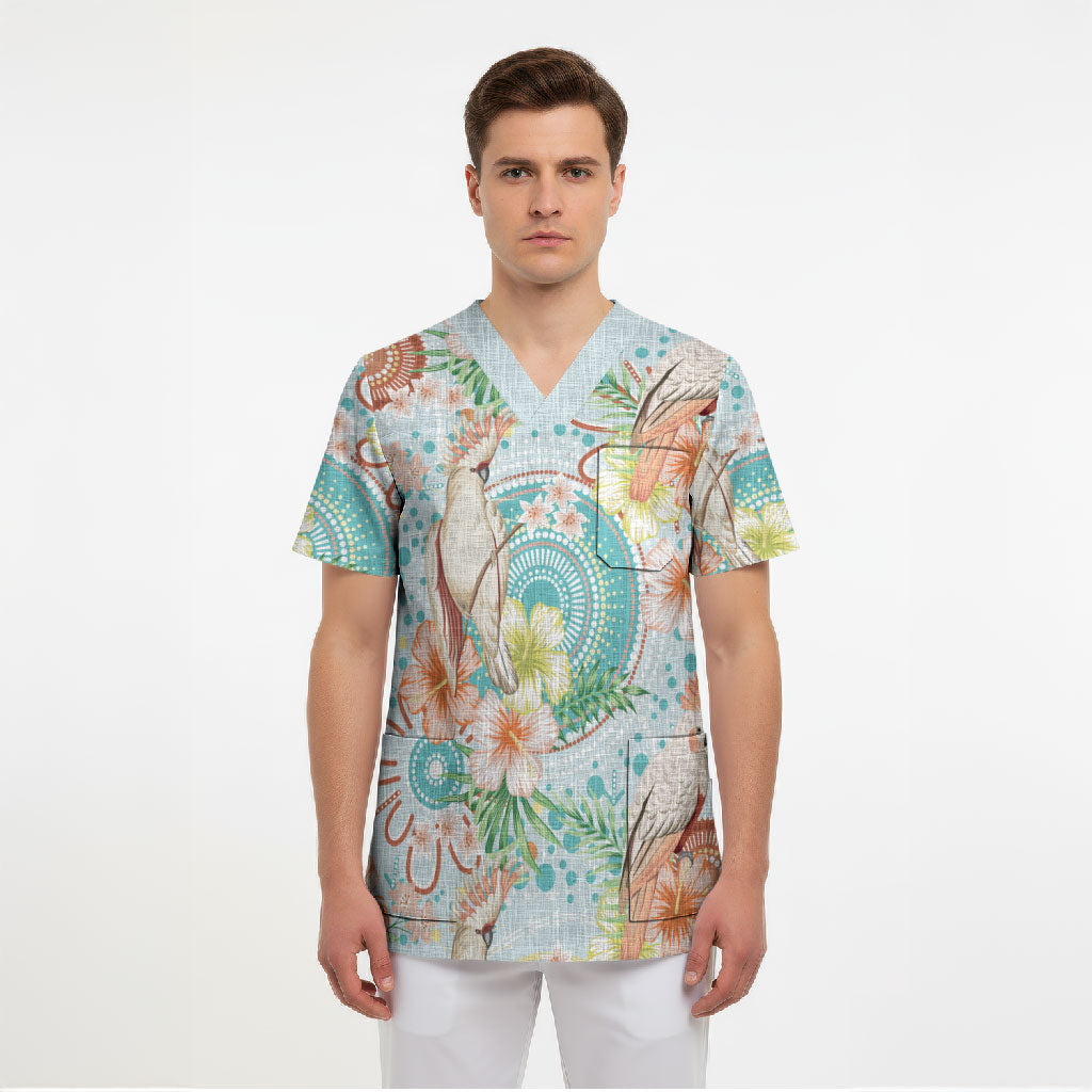 Australia Pink Cockatoo Aboriginal Art Scrub Top Tropical Hibiscus Floral Style
