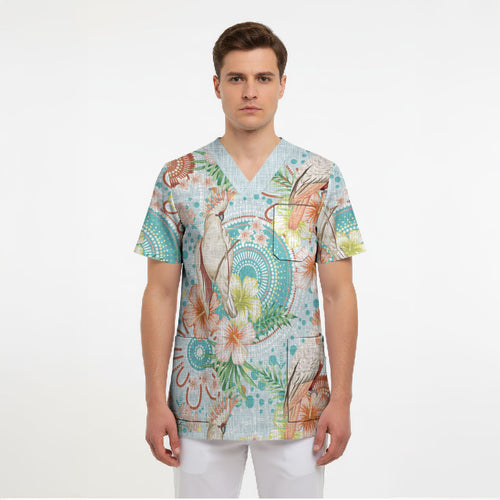 Australia Pink Cockatoo Aboriginal Art Scrub Top Tropical Hibiscus Floral Style