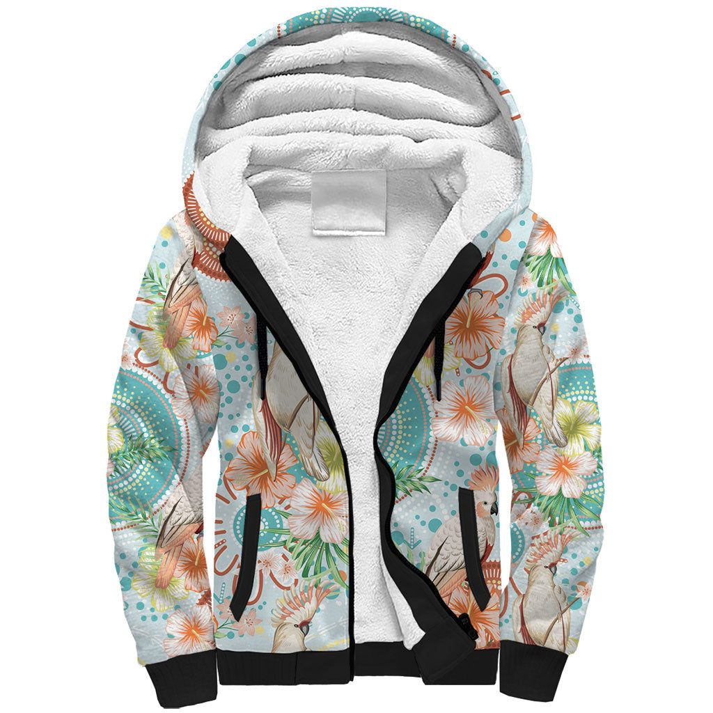 Australia Pink Cockatoo Aboriginal Art Sherpa Hoodie Tropical Hibiscus Floral Style
