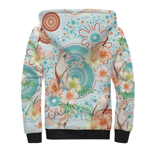 Australia Pink Cockatoo Aboriginal Art Sherpa Hoodie Tropical Hibiscus Floral Style