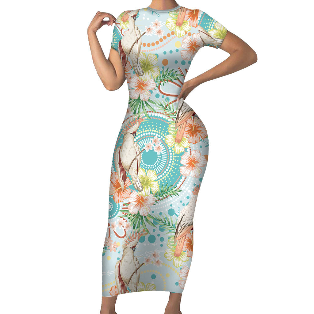 Australia Pink Cockatoo Aboriginal Art Short Sleeve Bodycon Dress Tropical Hibiscus Floral Style