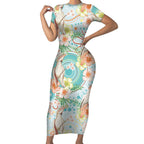 Australia Pink Cockatoo Aboriginal Art Short Sleeve Bodycon Dress Tropical Hibiscus Floral Style