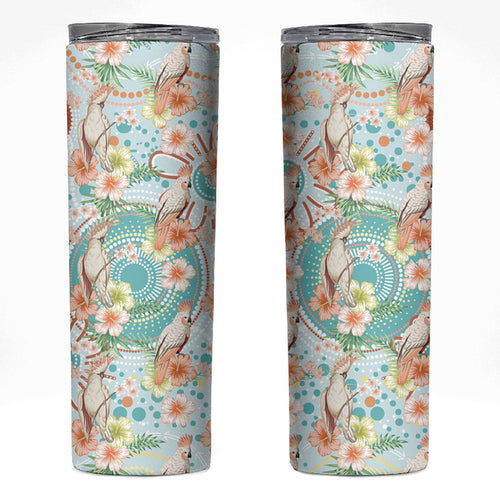 Australia Pink Cockatoo Aboriginal Art Skinny Tumbler Tropical Hibiscus Floral Style