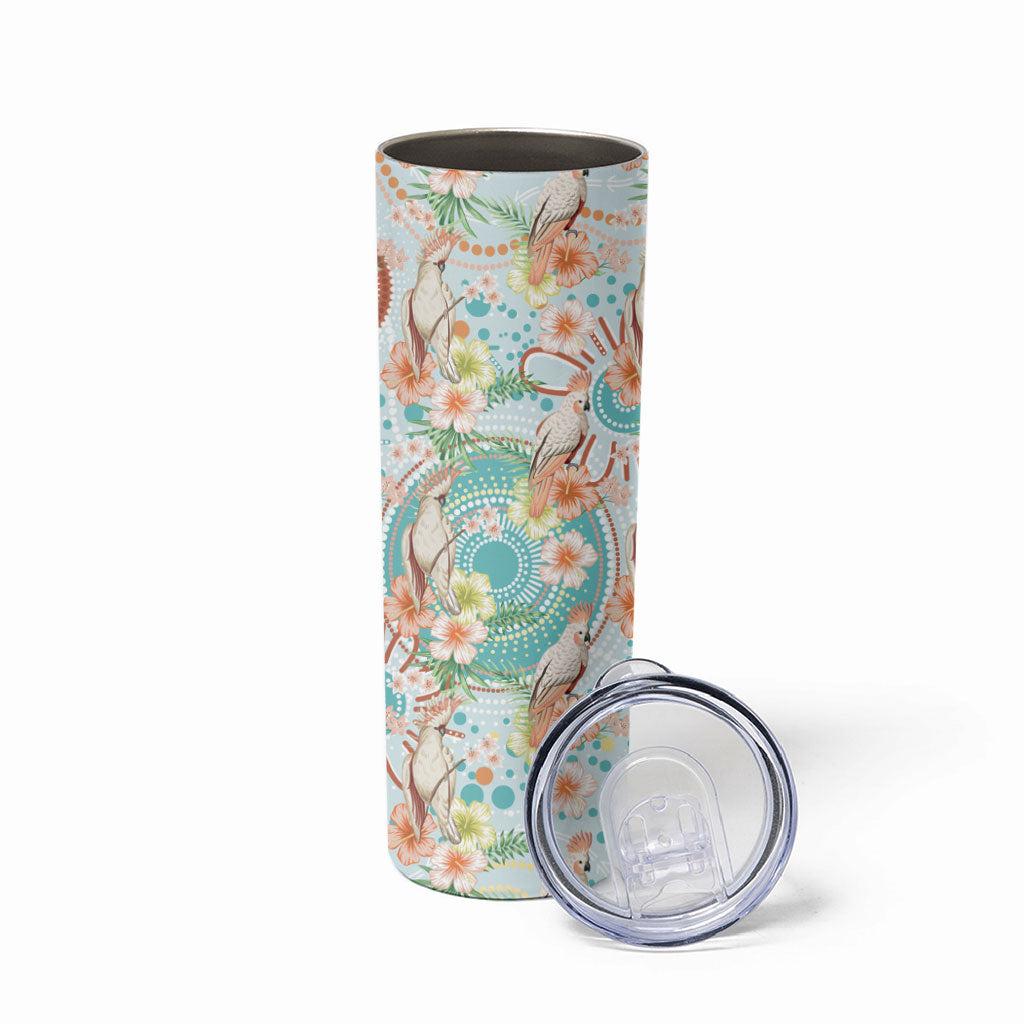 Australia Pink Cockatoo Aboriginal Art Skinny Tumbler Tropical Hibiscus Floral Style