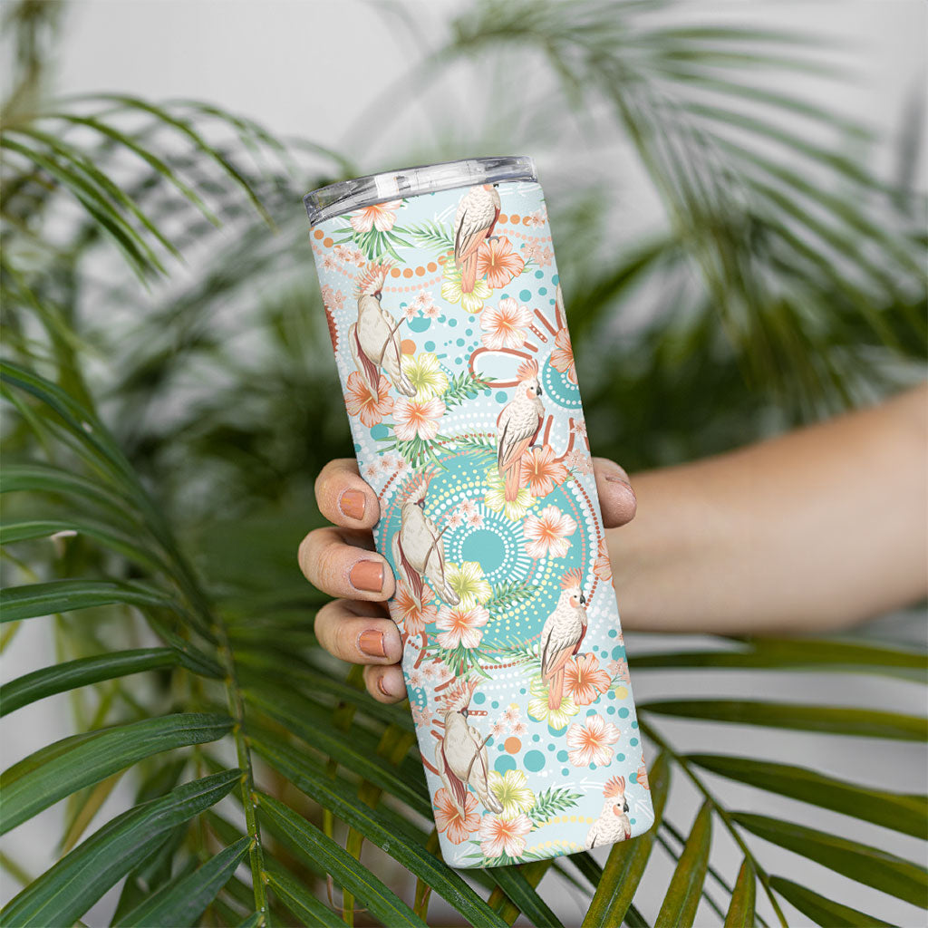 Australia Pink Cockatoo Aboriginal Art Skinny Tumbler Tropical Hibiscus Floral Style