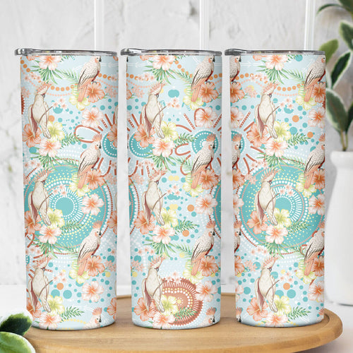 Australia Pink Cockatoo Aboriginal Art Skinny Tumbler Tropical Hibiscus Floral Style