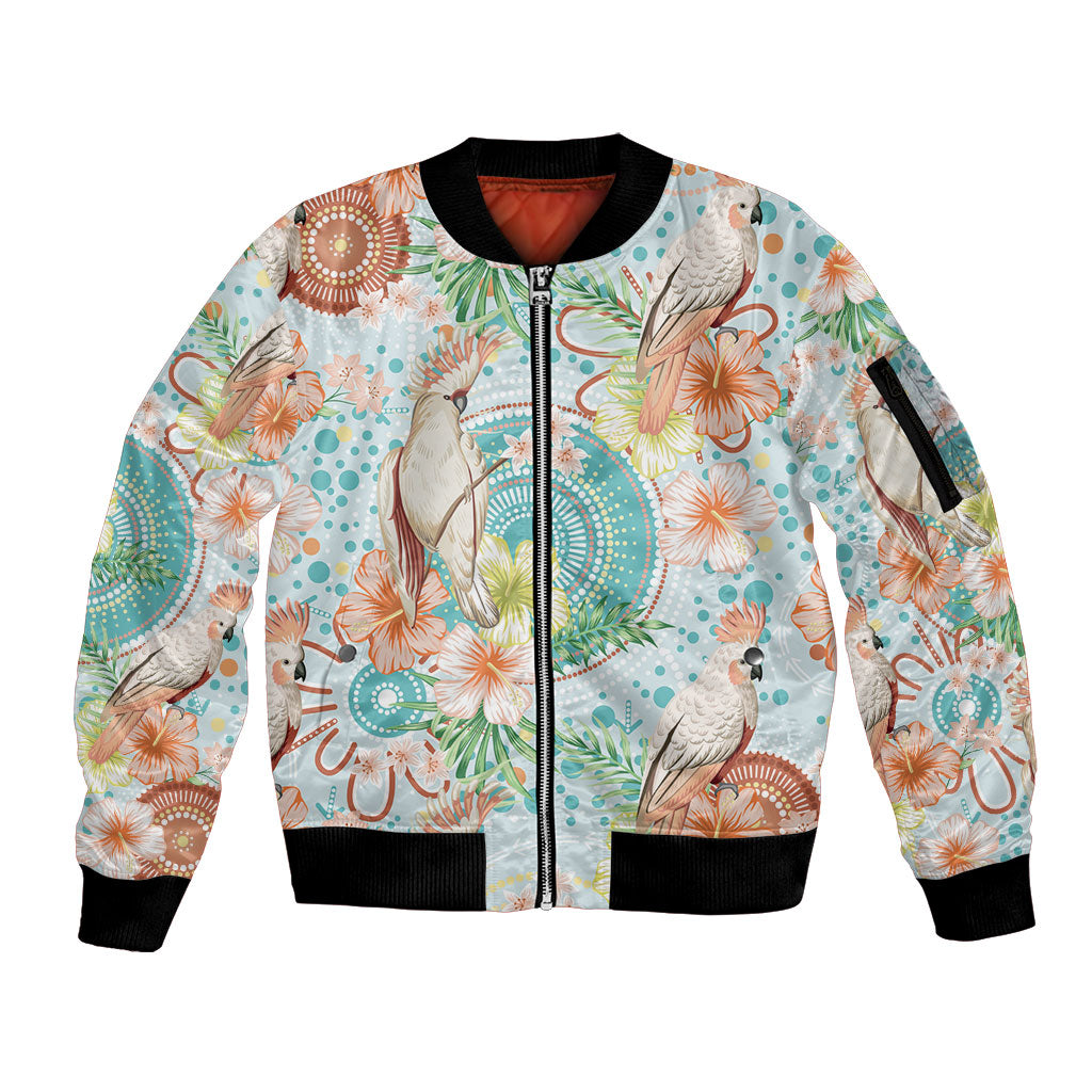 Australia Pink Cockatoo Aboriginal Art Sleeve Zip Bomber Jacket Tropical Hibiscus Floral Style