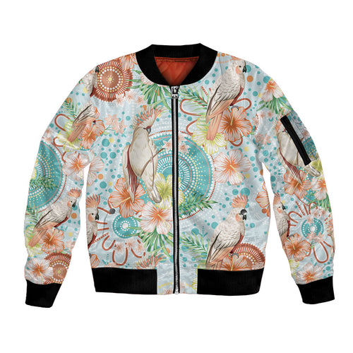 Australia Pink Cockatoo Aboriginal Art Sleeve Zip Bomber Jacket Tropical Hibiscus Floral Style