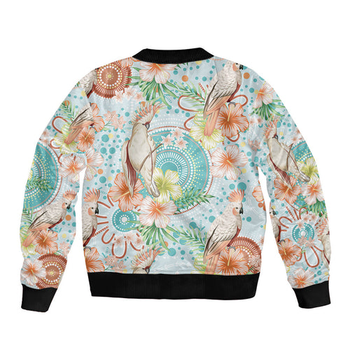 Australia Pink Cockatoo Aboriginal Art Sleeve Zip Bomber Jacket Tropical Hibiscus Floral Style